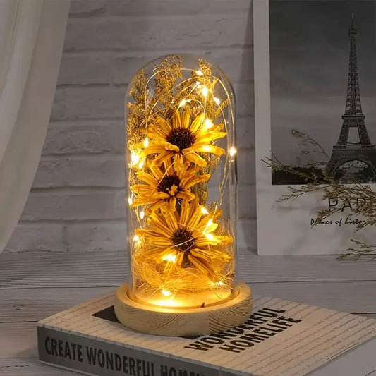 Sunflower Gifts for Women, Artificial Sunflowers in Glass Dome with LED Strip, Sunflower Decor on Mother's Day, Valentine's Day,