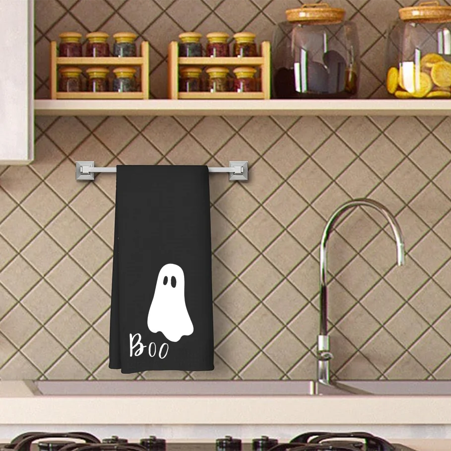 1pcs Black Ghost Boo Halloween Kitchen Towels Dish Towels Trick or Treat Hand Towels Halloween Bathroom Decor Gift for Host Home