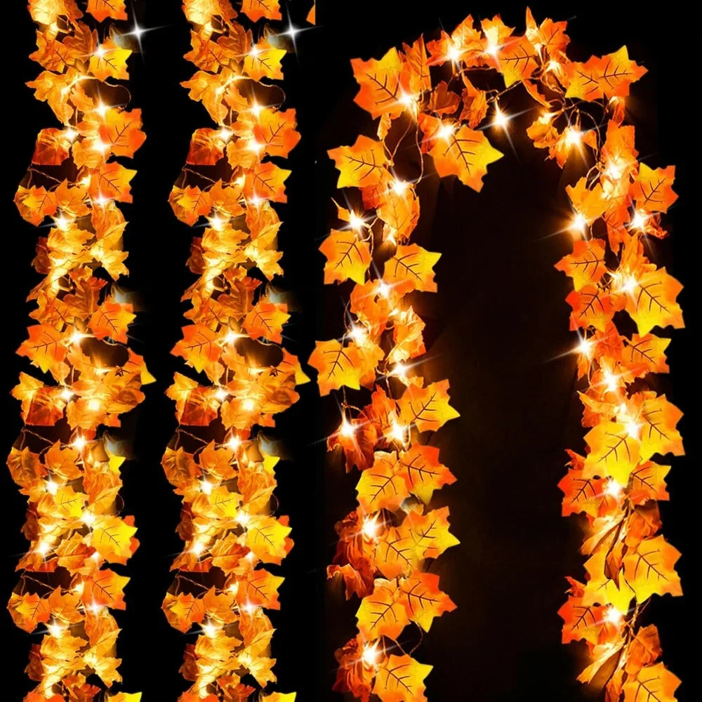 Fall Decor 3-Pack Fall Leaf Garland with Lights, Total 24.6ft 60 LED Halloween String Lights, Thanksgiving Decorations for Home