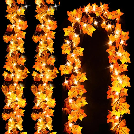 Fall Decor 3-Pack Fall Leaf Garland with Lights, Total 24.6ft 60 LED Halloween String Lights, Thanksgiving Decorations for Home