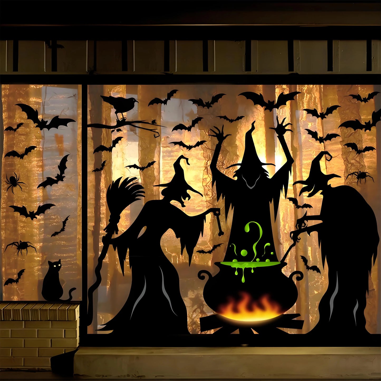 Giant Halloween Window Clings Static Decals | Spooky Witch Silhouette with Cat & Bat | Multi-Room Decor 4-Pack for Home School