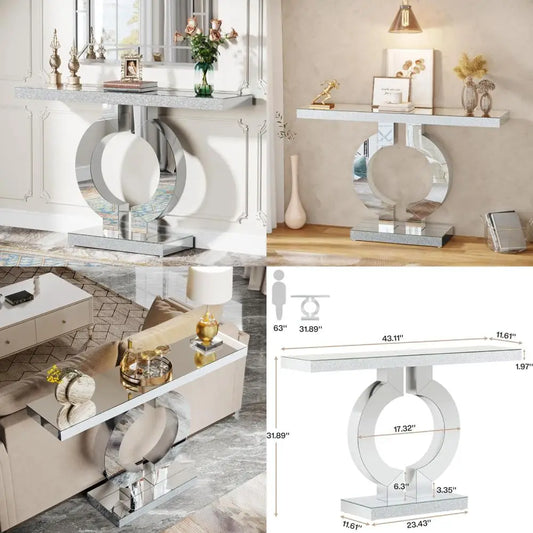 Contemporary Glass Console Table with Mirrored Finish, 43" Rectangular Entryway Accent Table on O-Base