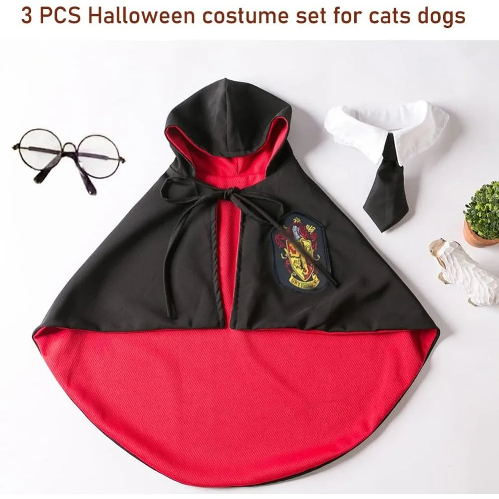 3PCS Halloween Dog Costume Cat Wizard Cape Glasses and Necktie Set Halloween Puppy Outfit Pet Academy Magician Cosplay Apparel