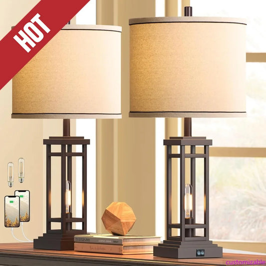 Customizable-ROTTOGOON 27.5 Tall Farmhouse Table Lamps With USB C + USB A Charge Ports, Rustic Living Room Lamps Set Of 2, Black