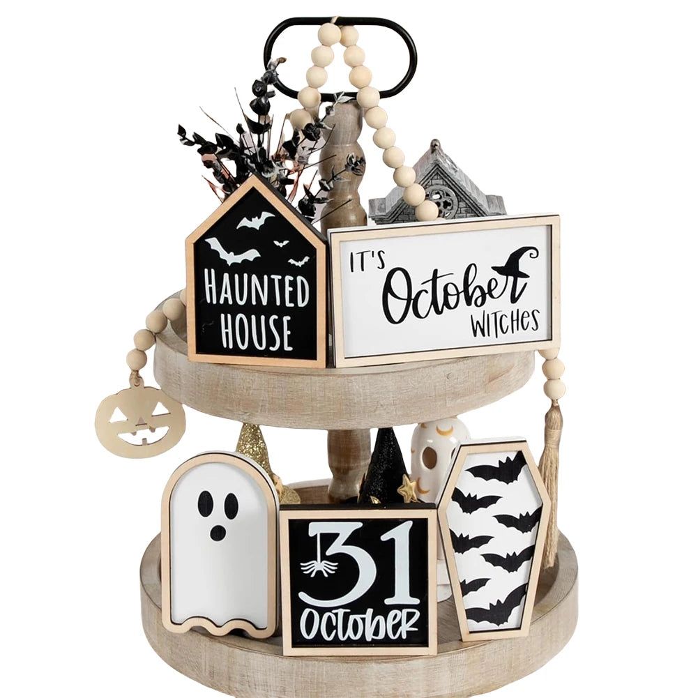 6Pcs Bat Coffin Haunted House Ghost Cute Wooden Sign Ghost Halloween Theme Party Home Decor Tiered Tray Halloween Bat Ornament