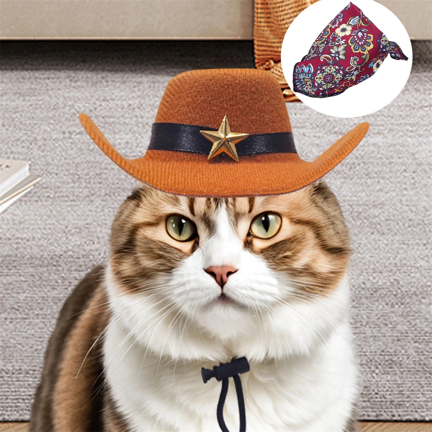 2 Pcs Pet Cowboy Hat Bandana Set for Dogs and Cats Western Style Costume for Parties Photos and Daily Wear