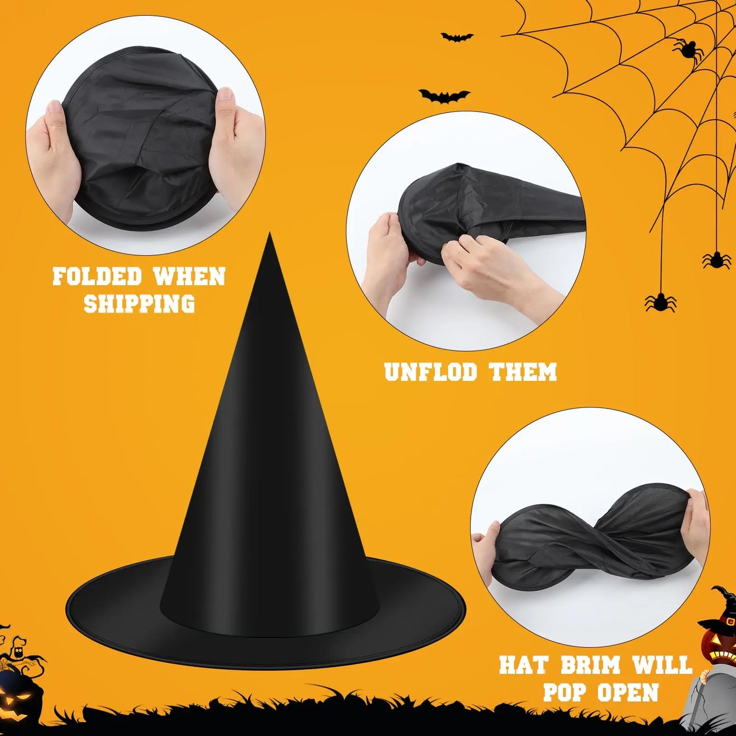 12-100 Halloween Hanging Witch Hats Costume Accessory Hanging Black Wizard Hat Bulk with Rope Floating Hats for Home Party Decor