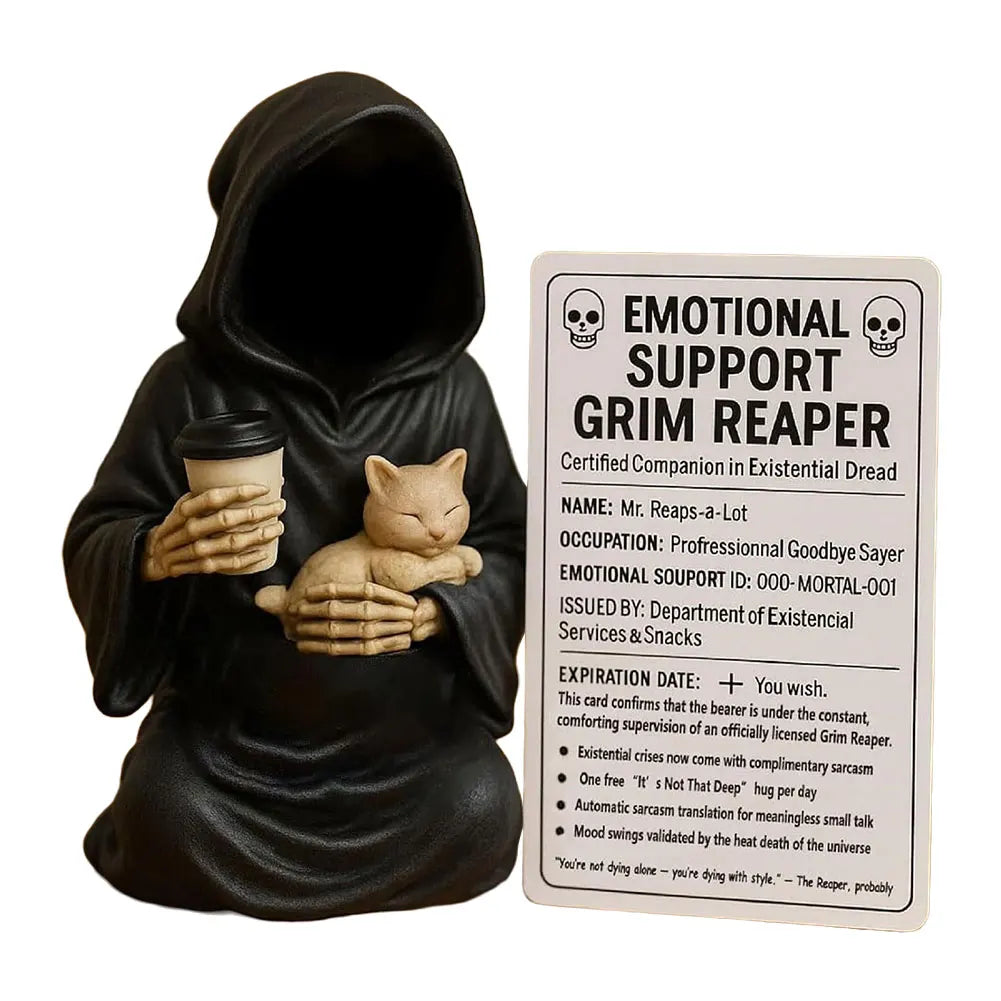 Emotional Support Grim Reaper Figurine with Support Card Grim Reaper Statue Gothic Skeleton Statue for Halloween Decor