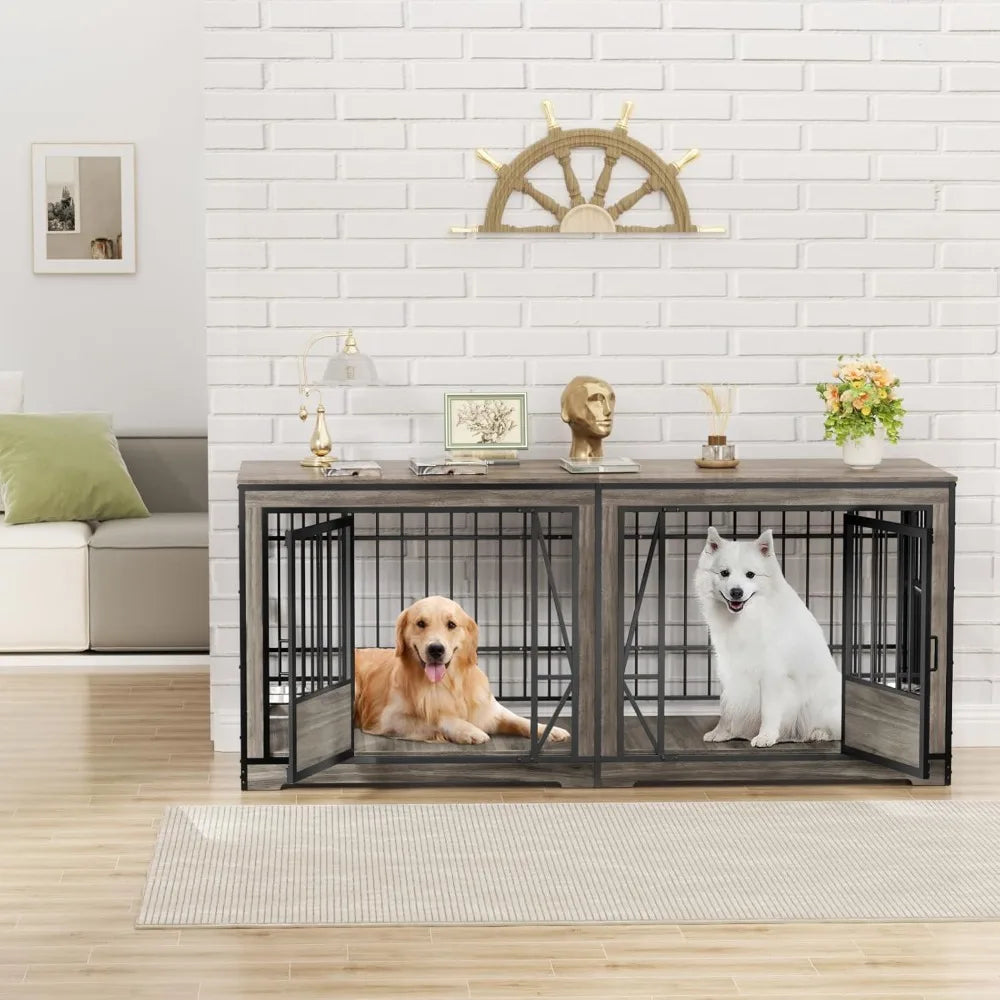 71'' Double Dog Crate Furniture for 2 Dogs, Large Dog Cage with Adjustable Divider, Heavy Duty Dog Kennel Indoor with 4 Bowls,