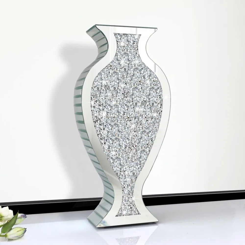 Tall Floor Vase S Crushed Diamond Mirrored Vase 27” Tall, Crystal Silver Glass Decorative Mirror Large Vase Luxury for Home Deco