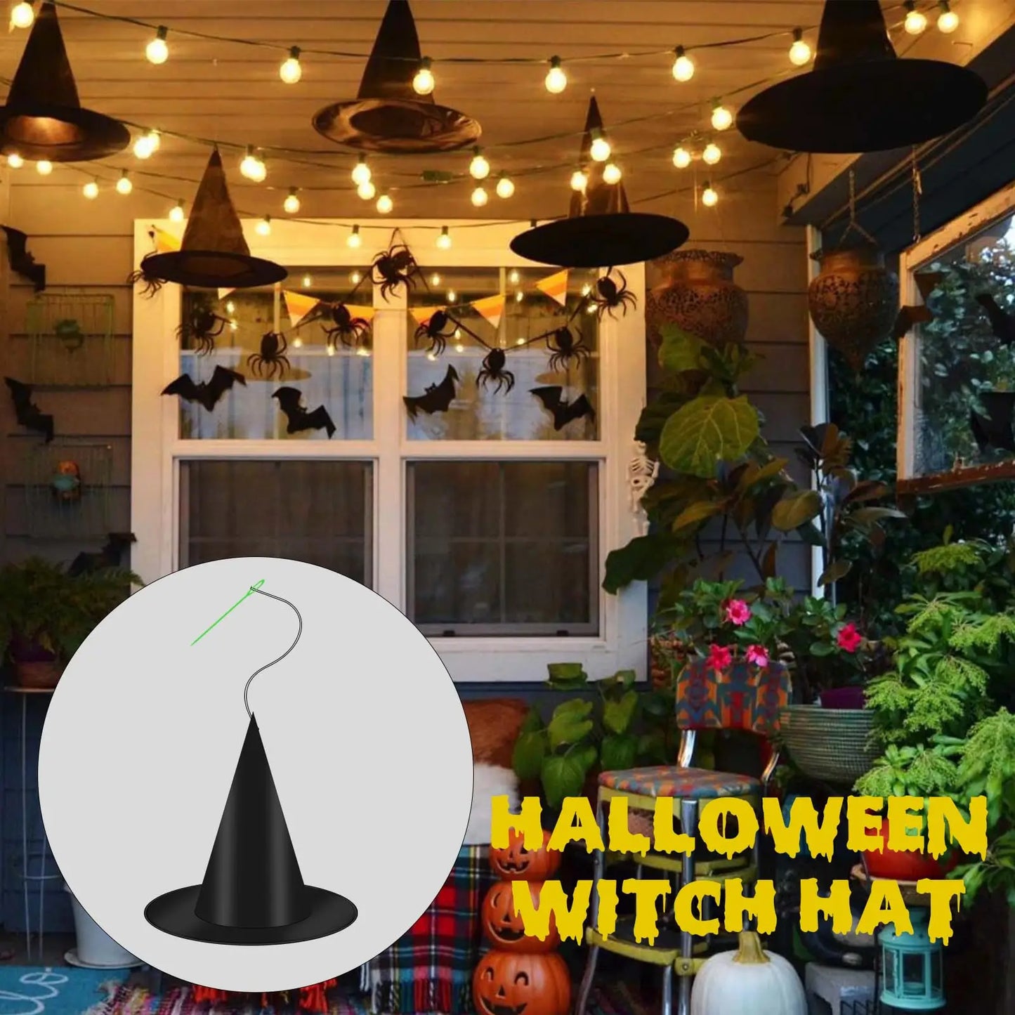 12-100 Halloween Hanging Witch Hats Costume Accessory Hanging Black Wizard Hat Bulk with Rope Floating Hats for Home Party Decor