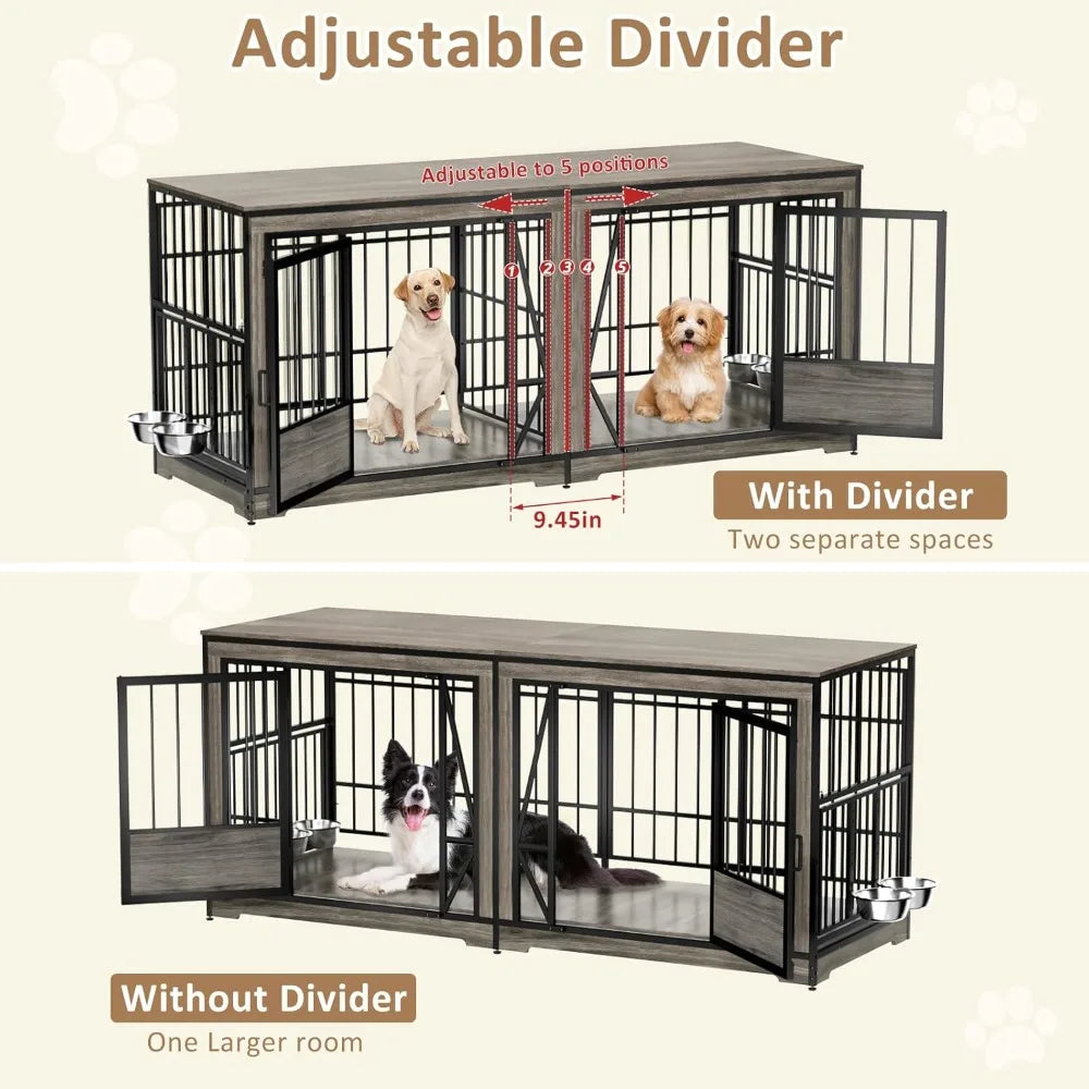 71'' Double Dog Crate Furniture for 2 Dogs, Large Dog Cage with Adjustable Divider, Heavy Duty Dog Kennel Indoor with 4 Bowls,