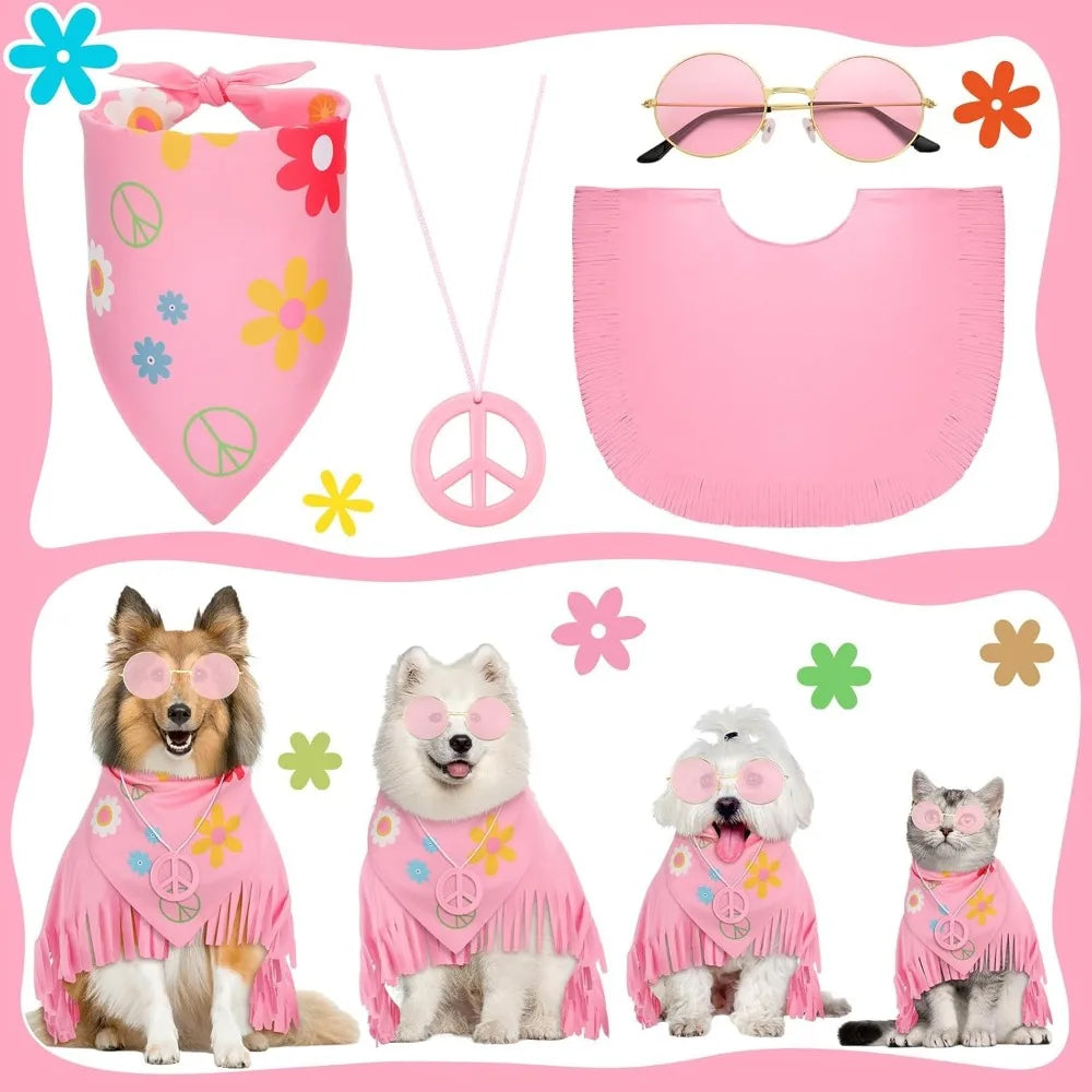 Hippie Dog Halloween Costume Funny Dog Outfits with Pink Cloak Bandana Glasses Necklace Dress up Pet Clothes (Small)