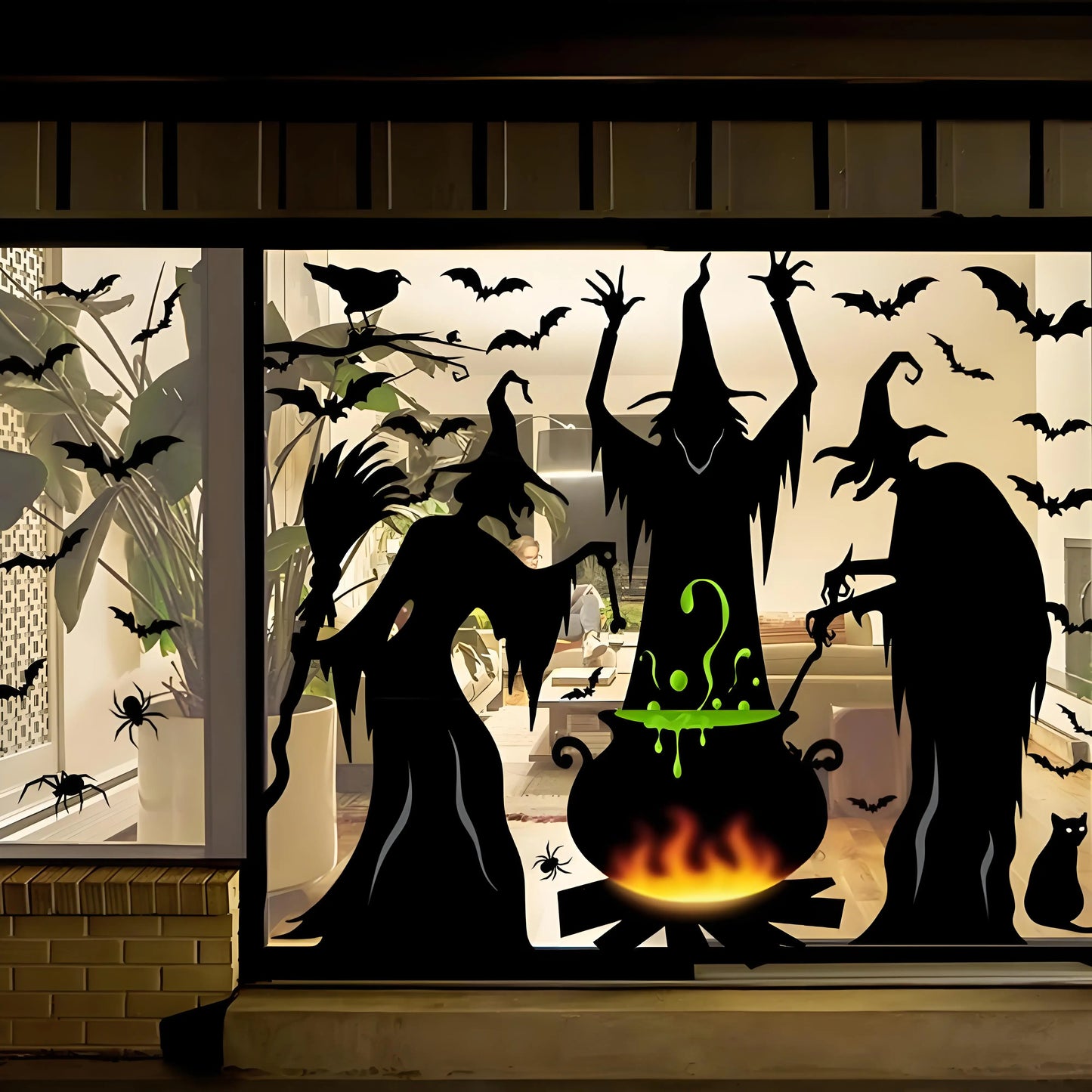Giant Halloween Window Clings Static Decals | Spooky Witch Silhouette with Cat & Bat | Multi-Room Decor 4-Pack for Home School