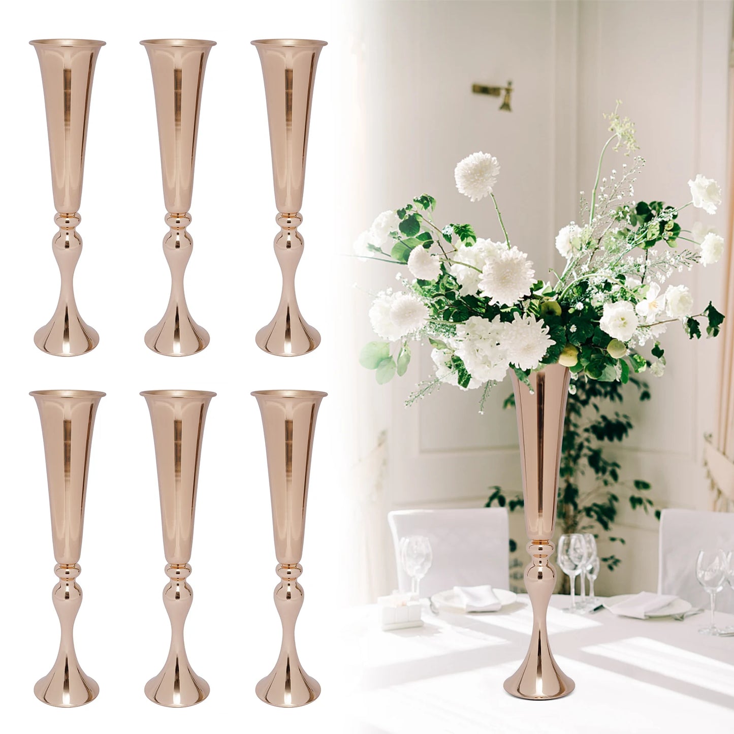 6pcs 22.2inch Metal Desktop Mount Trumpet Vases Gold Iron Decoration Vase For Weddings, Birthday Parties, Anniversaries