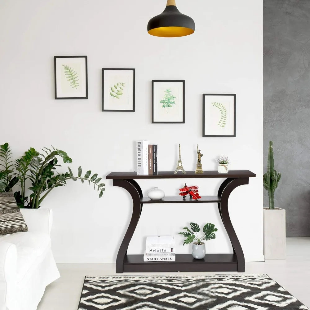 Wood Console Table with Curved Legs and Shelf, 3 Tier Modern Accent Sofa Table for Entryway, Living Room, Hallway, 47 in Wide