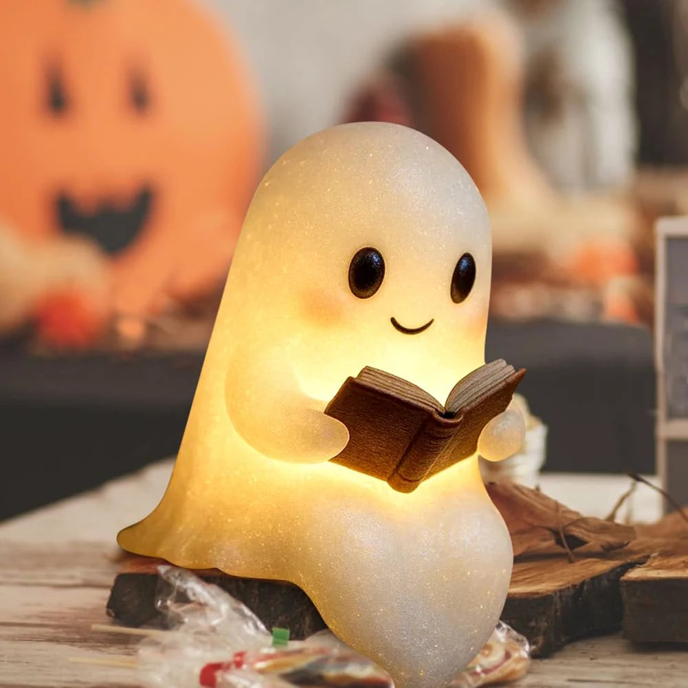 Cute Ghost Reading Lamp LED Sitting Ghost Reading A Book Night Light For Halloween Bathroom Bedside Decor Призрак Ночного Света