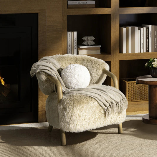 Ayla 9 Round Sphere Accent Ball Throw Pillow, Curly White Faux Fur