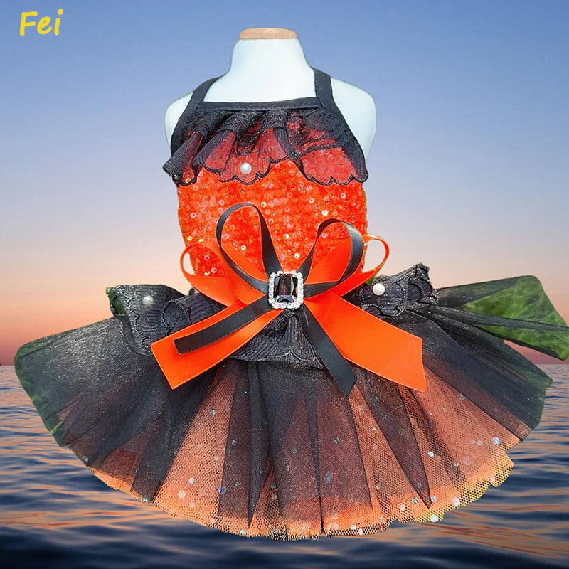 Halloween Party Dog Princess Dress with Orange Black Sequin Lace Bow, Tuxedo Costume for Teacup Pomeranian Autumn Wedding Pet