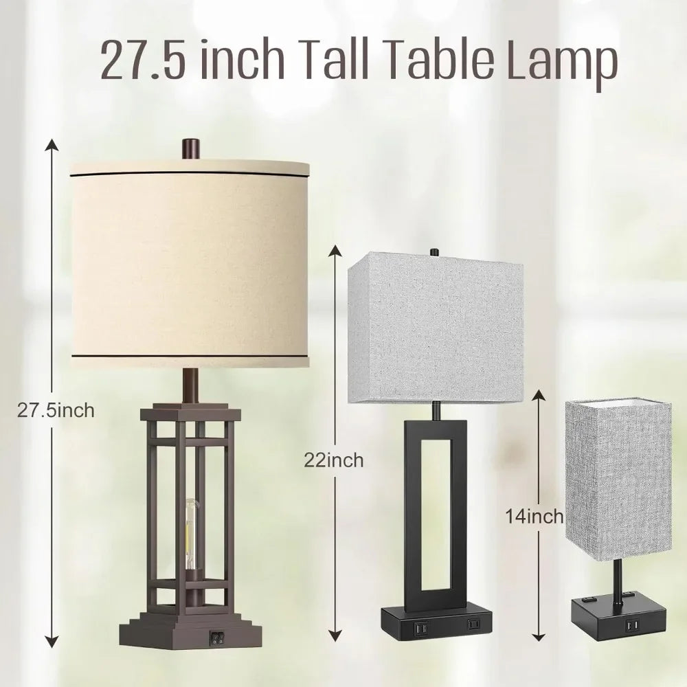 Customizable-ROTTOGOON 27.5 Tall Farmhouse Table Lamps With USB C + USB A Charge Ports, Rustic Living Room Lamps Set Of 2, Black