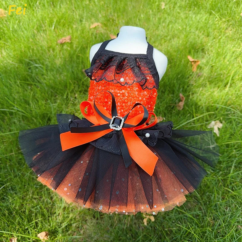 Halloween Party Dog Princess Dress with Orange Black Sequin Lace Bow, Tuxedo Costume for Teacup Pomeranian Autumn Wedding Pet