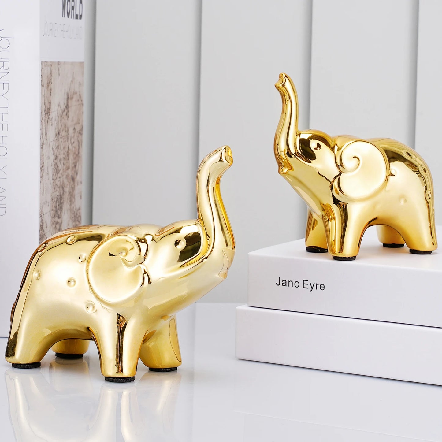 A Pair Golden Resin Elephant Sculpture Craft Elegant Elephant Trunk Sculpture Lucky Wealth Figurine Crafts Ornaments Home Decor