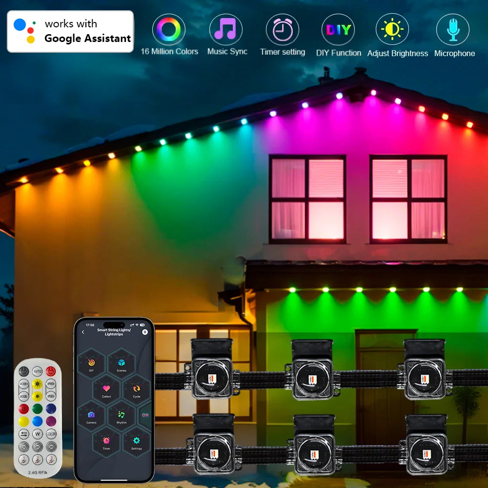 200FT 120 LEDs Permanent Outdoor Eaves Lights Smart RGBIC LED Lights Festival Flashing Lighting Fairy String Holiday Lighting