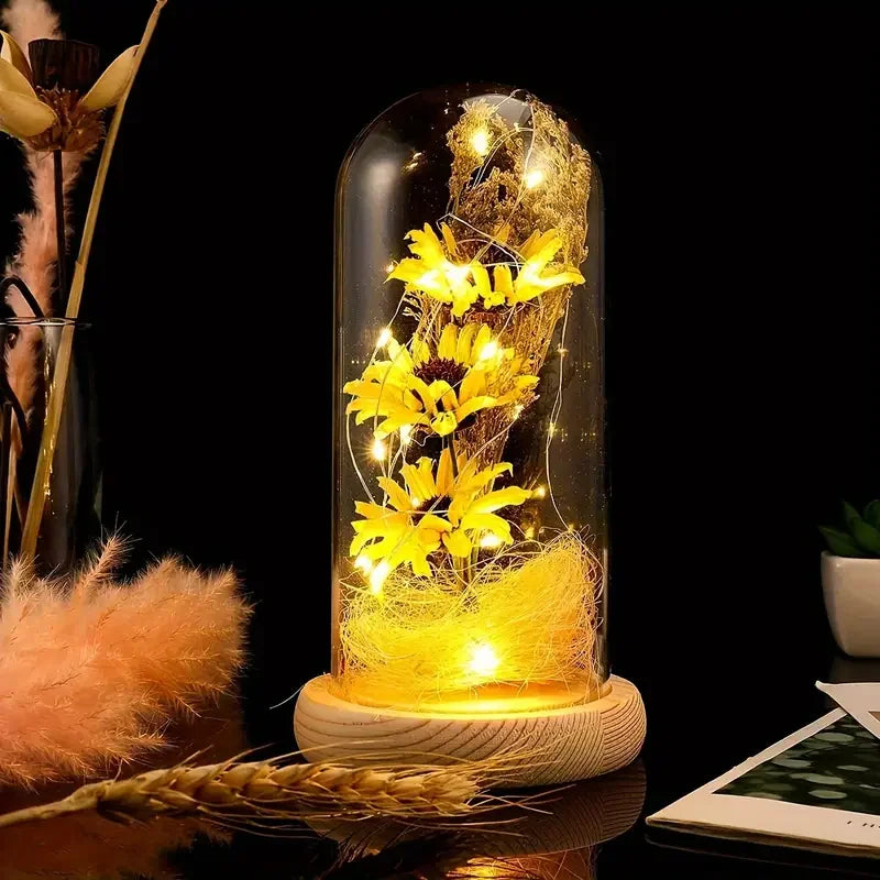 Sunflower Gifts for Women, Artificial Sunflowers in Glass Dome with LED Strip, Sunflower Decor on Mother's Day, Valentine's Day,