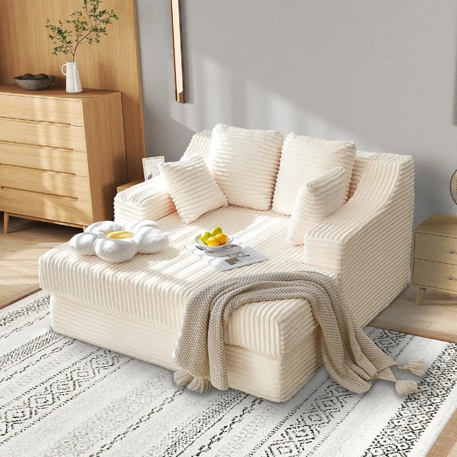 55 Inch Chaise Lounge Indoor Oversized Chaise Lounge with 4 Throw Pillows and Armrets Upholstered Plush Sofa Bed Corduroy Lazy