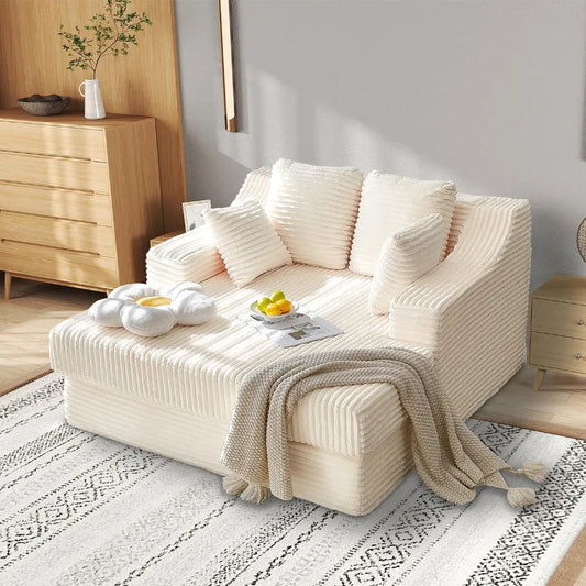 55 Inch Chaise Lounge Indoor Oversized Chaise Lounge with 4 Throw Pillows and Armrets Upholstered Plush Sofa Bed Corduroy Lazy