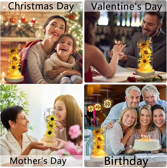 Sunflower Gifts for Women, Artificial Sunflowers in Glass Dome with LED Strip, Sunflower Decor on Mother's Day, Valentine's Day,