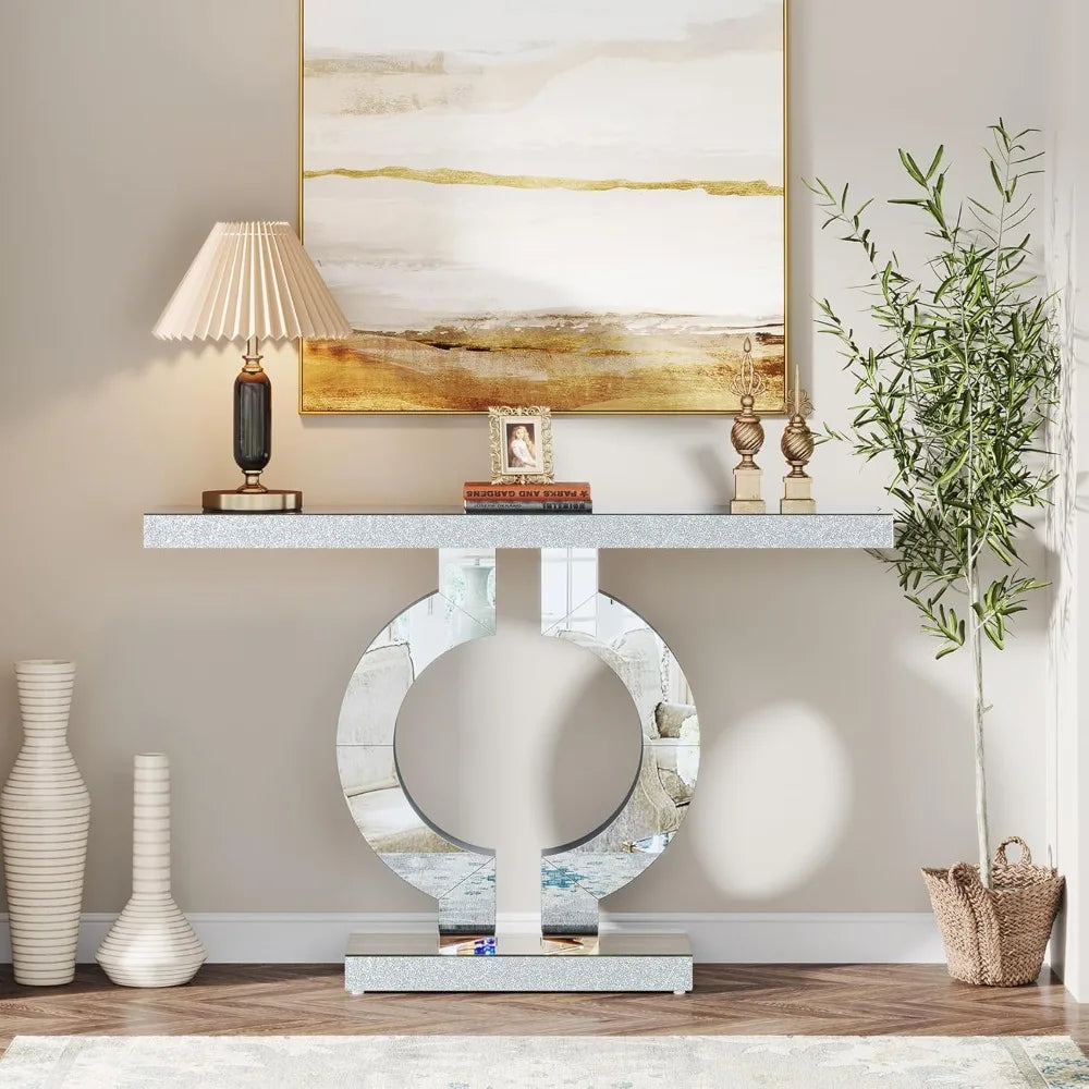 Contemporary Glass Console Table with Mirrored Finish, 43" Rectangular Entryway Accent Table on O-Base