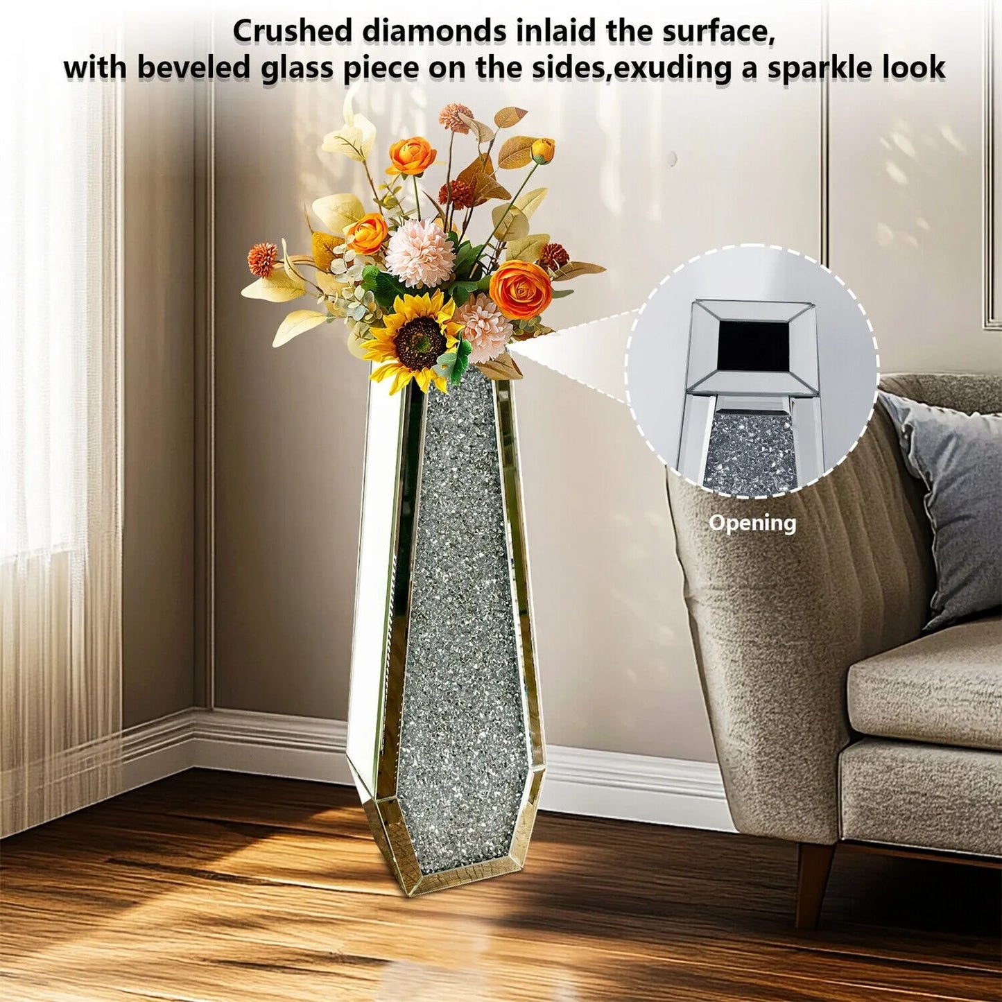 Luxury Tall Floor Vase Crushed Diamond Mirrored Vase 27” Crystal Glass Flower