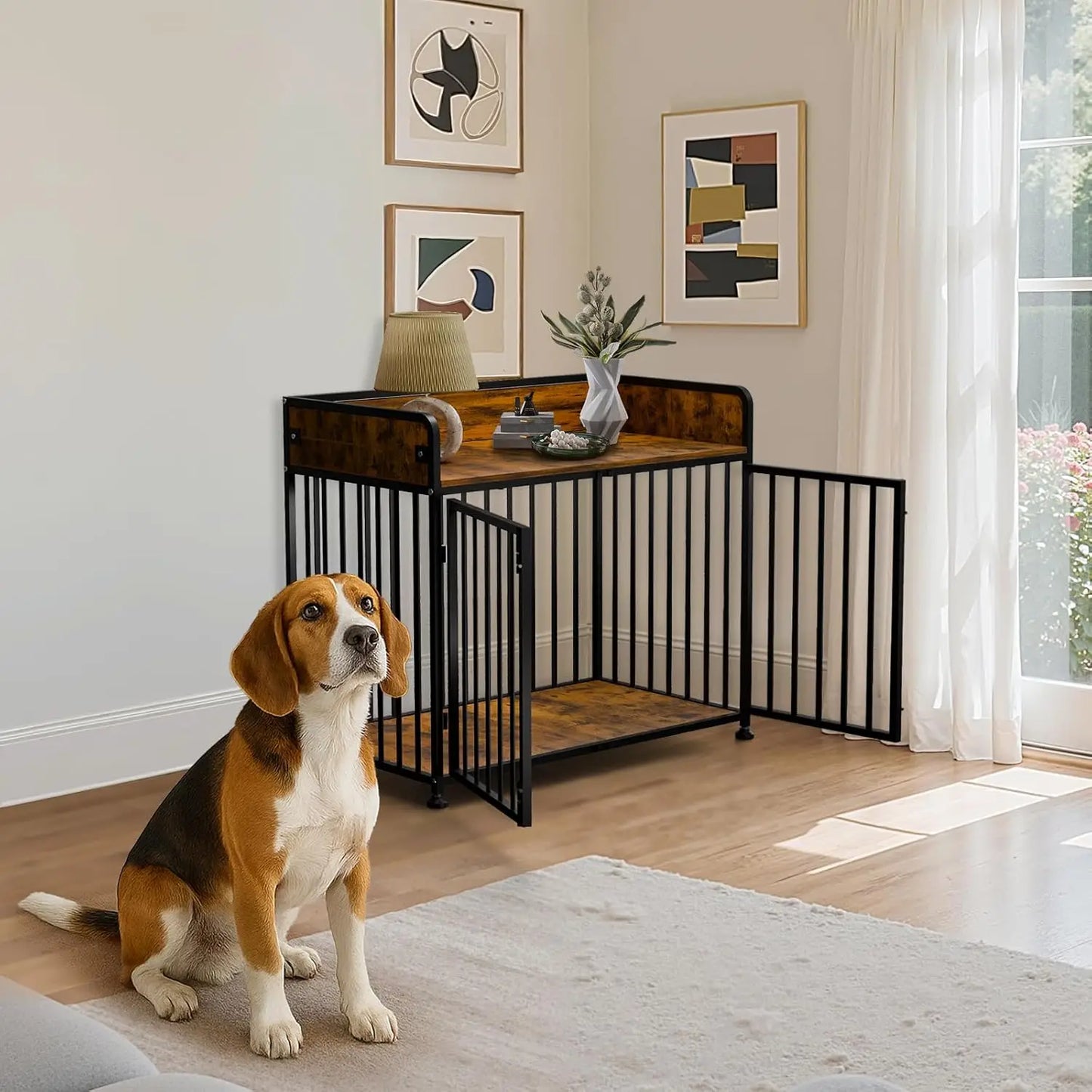 42inch Dog Crate Furniture, Medium Dog Kennel Indoor, Wooden-Metal Dog Cage, End Table , 42" L X 24" W X 36" H