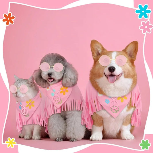 Hippie Dog Halloween Costume Funny Dog Outfits with Pink Cloak Bandana Glasses Necklace Dress up Pet Clothes (Small)