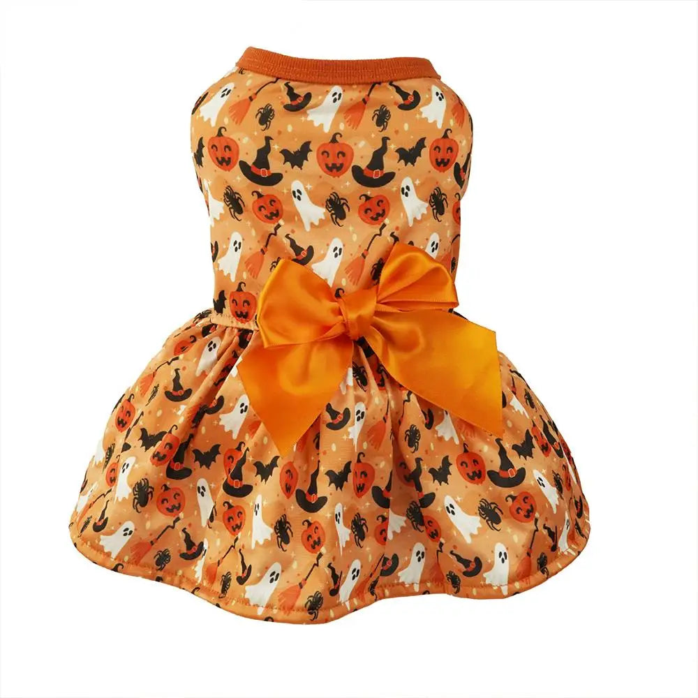Festival Cosplay Puppy Clothes Halloween Dog Clothes Pumpkin Bat Decor Print Dress Satin Bow Cat Princess Skirt Sweet Pet Dress
