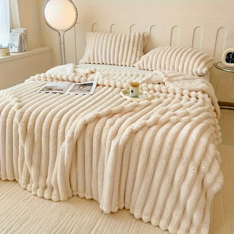 All-Season Gift，Luxurious Faux Rabbit Fur Throw Blanket, Flannel Fabric-Soft, Warm&Cozy for Couch, Bed, and Travel-Versatile.