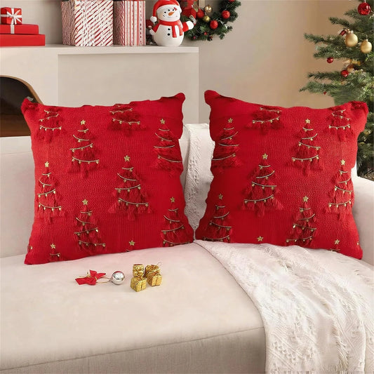 Festive Red and Green Christmas Pillow Covers with Plush Reindeer Design for Cozy Holiday Home Decor