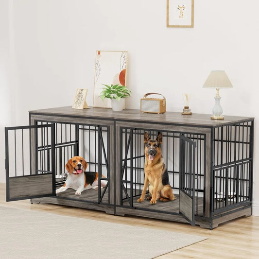 71'' Double Dog Crate Furniture for 2 Dogs, Large Dog Cage with Adjustable Divider, Heavy Duty Dog Kennel Indoor with 4 Bowls,