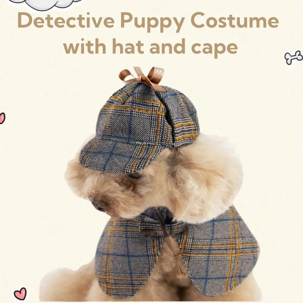 Dog Costume-Cute Detective Pet Clothes Set Halloween Cosplay Party Outfit Winter Fashion Cape Cloak Hat for Small Medium Dog & C