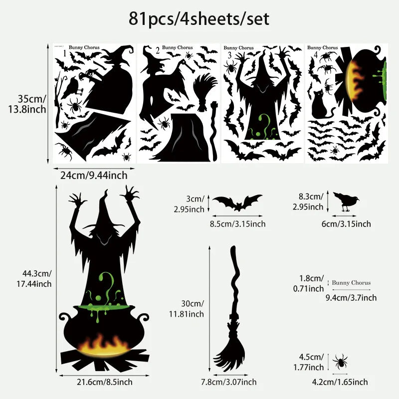 Halloween Window Clings - Witch, Bats, Spider & Cat Design, Window Stickers for Halloween Party Decor, House Decals