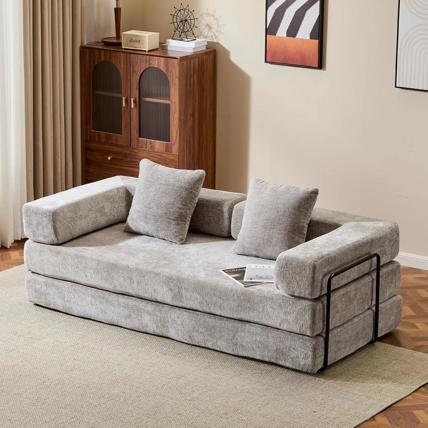 Convertible Sleeper Sofa Bed, Compression Folding Sofa with Pillow, No Assembly Required, Shape Frame, Floor Sofas Lounge Couch