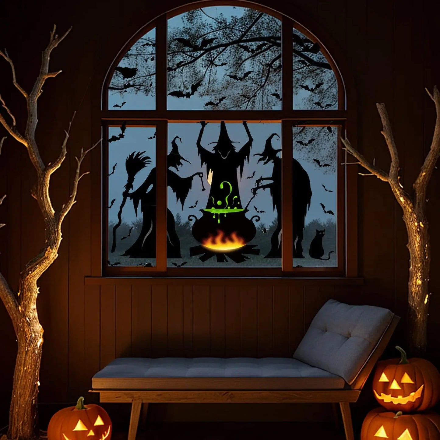 Halloween Window Clings - Witch, Bats, Spider & Cat Design, Window Stickers for Halloween Party Decor, House Decals
