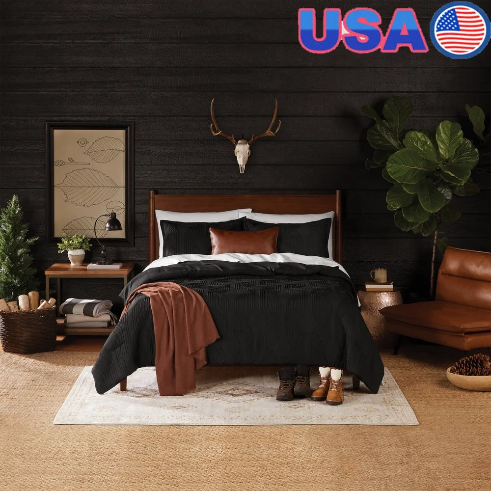 5-Piece Black Jacquard Comforter Set Full Queen Soft Textured Bedding Set Includes Shams Decorative Pillow Throw Easy Care