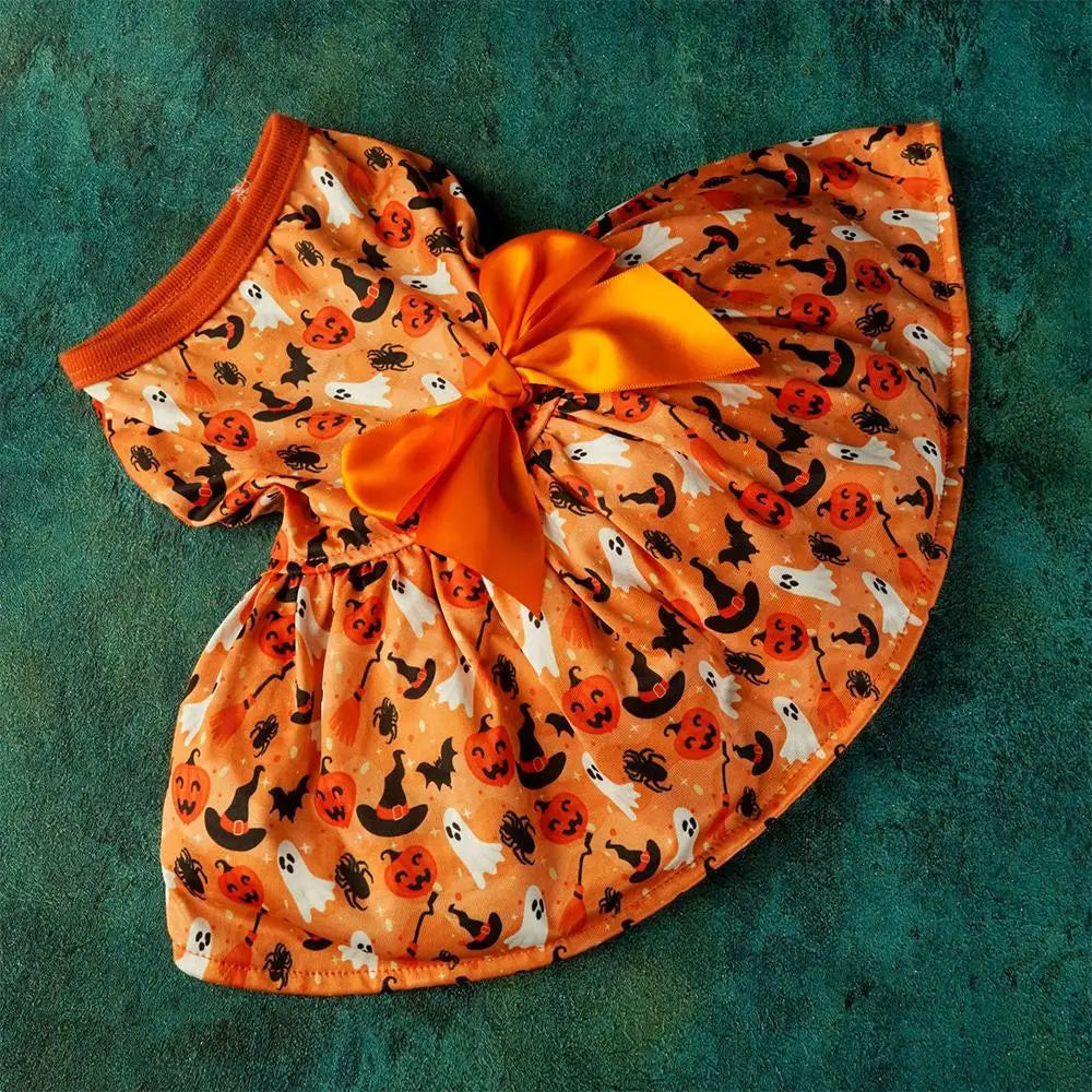 Festival Cosplay Puppy Clothes Halloween Dog Clothes Pumpkin Bat Decor Print Dress Satin Bow Cat Princess Skirt Sweet Pet Dress