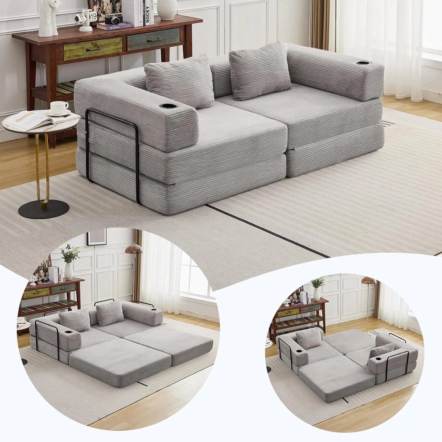 Convertible Sleeper Sofa Bed, Compression Folding Sofa with Pillow, No Assembly Required, Shape Frame, Floor Sofas Lounge Couch