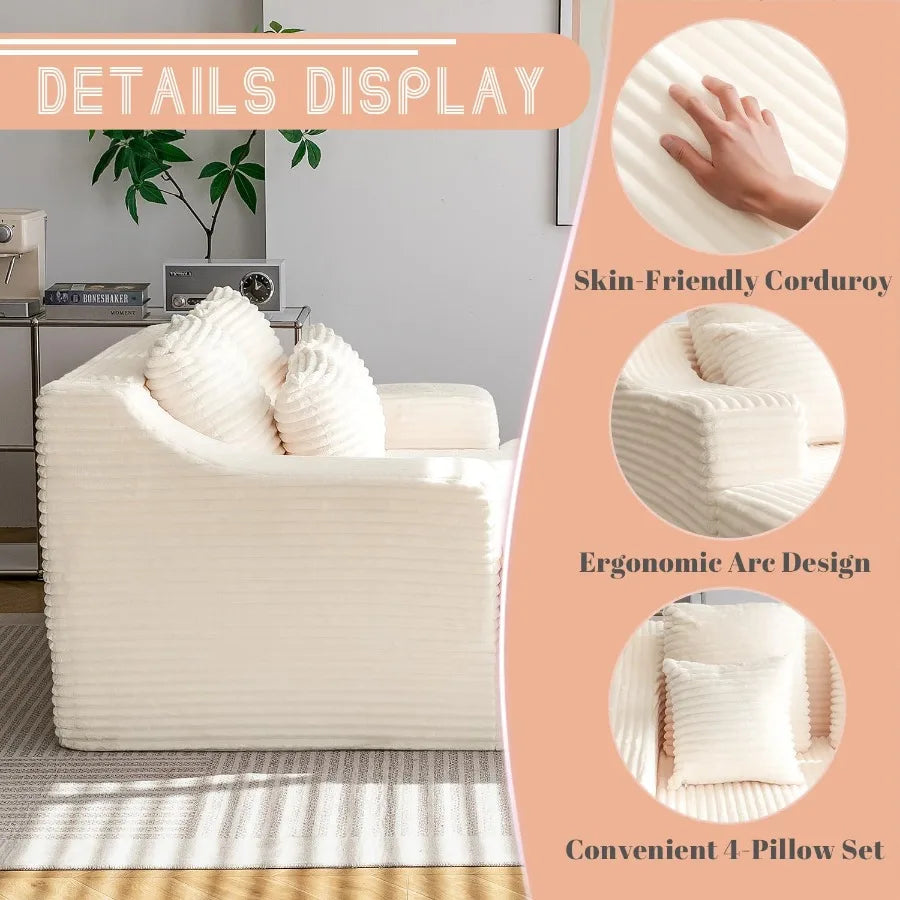 55 Inch Chaise Lounge Indoor Oversized Chaise Lounge with 4 Throw Pillows and Armrets Upholstered Plush Sofa Bed Corduroy Lazy