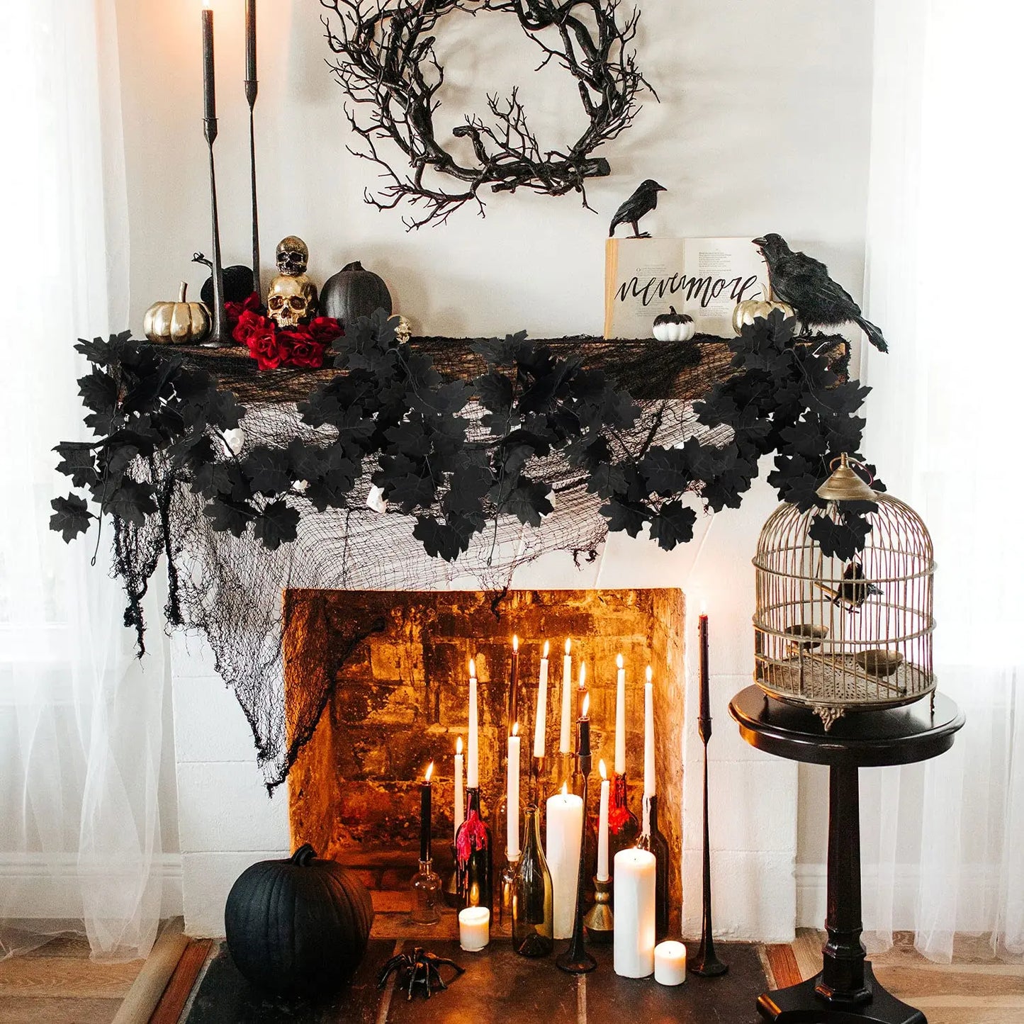 2-30pcs Black Maple Leaf Garland Halloween Artificial Hanging Fall Leave Vines Bulk For Halloween Home Party Decor