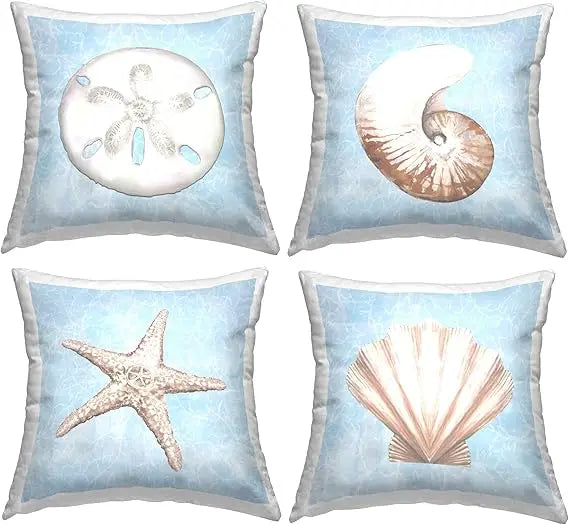 Aquatic Seashell Beach Water Design by Diannart Throw (Set of 4) Pillow, 18 x 18, Blue