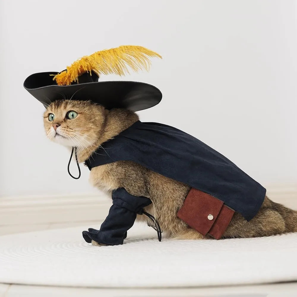 Pet Cat Dog Puss in Boot Costume Cosplay Halloween Cute Kitten Puppy Clothes Dress up Pretend Play with Cloak Hat Belt Cape Acce